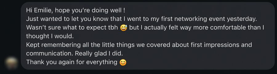 Message from a first-cohort mentee about their first networking event