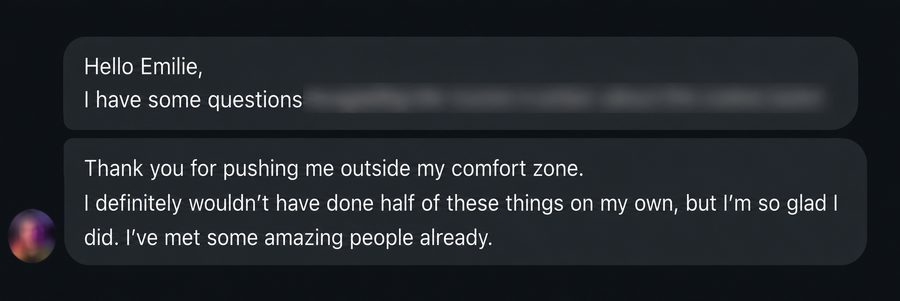 Message from a mentee thanking Émilie for pushing them outside their comfort zone